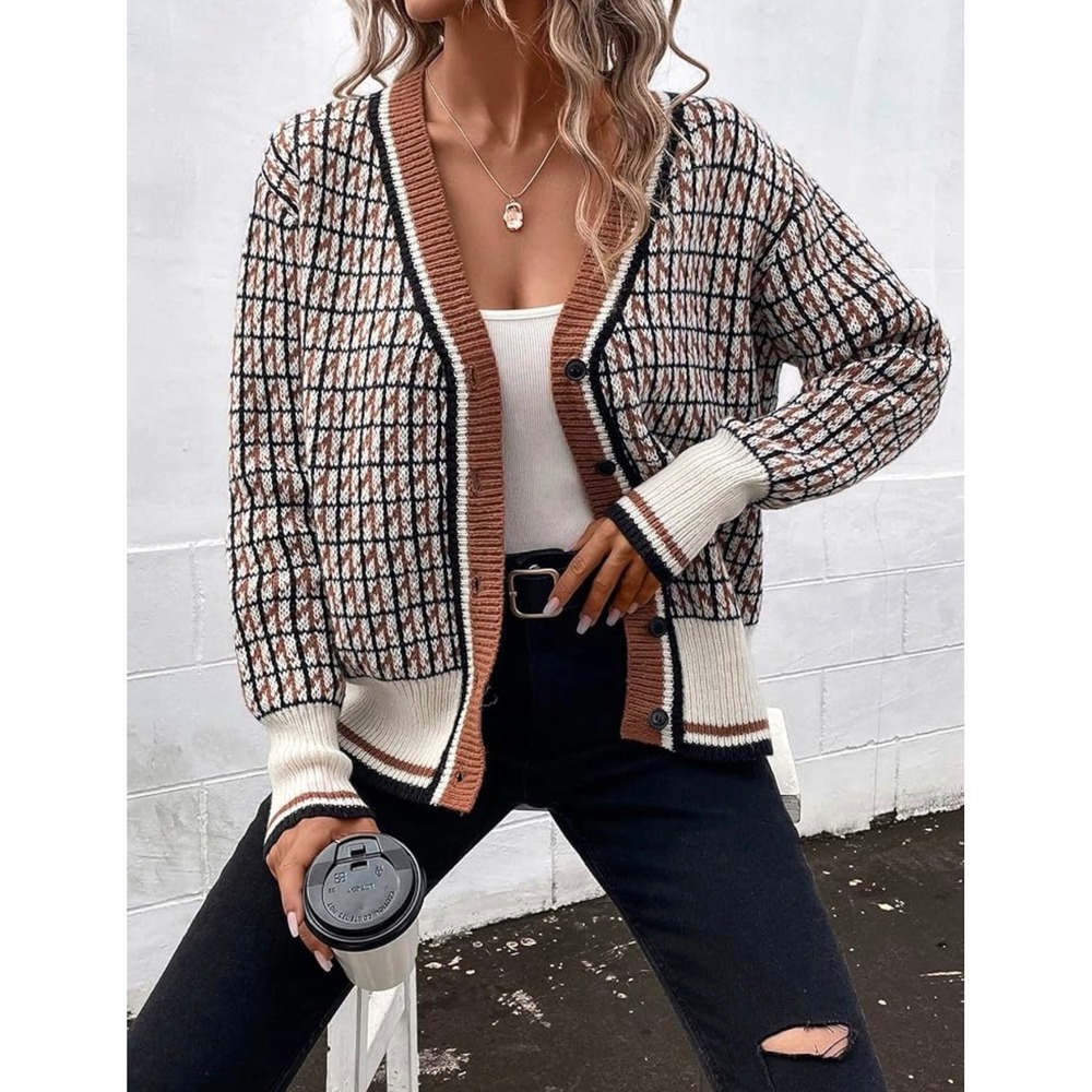 SHEIN sz M Oversize Gingham Plaid Stripe Button Cardigan Sweater Preppy Academia